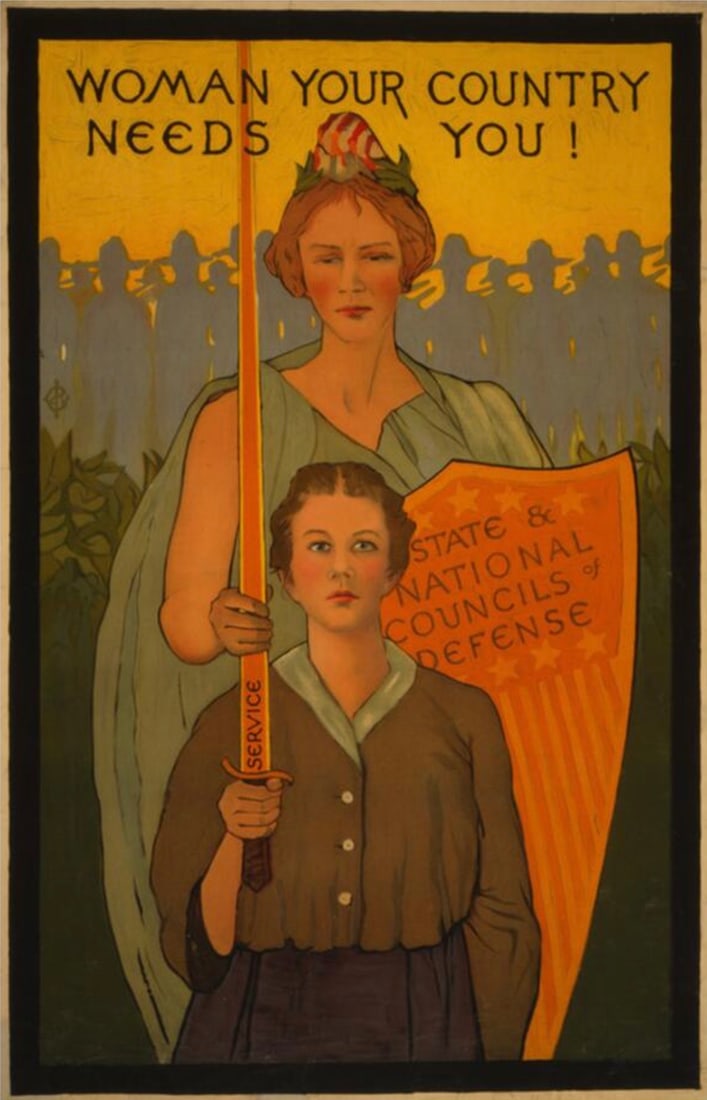 Woman, Your Country Needs You! â€“ Poster: Woman, Your Country Needs You! â€“ Poster, "1917". Bonded to fabric. 23.50 x 36.75 inches. . Not hand-signed unless otherwise stated. Photomechanical Print. Lots that contain nudity