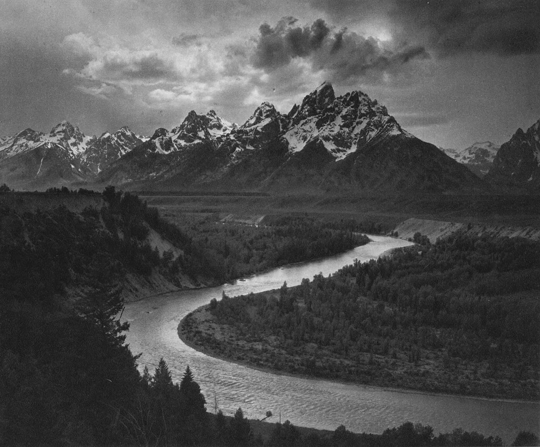 Ansel Adams (American, 1902-1984) Print: Ansel Adams (American, 1902-1984) Print. The Tetons and the Snake River, "1942" Print. Printed in 1940's/1950's. Not hand-signed unless otherwise stated. Photomechanical Print. Lots that contain nudit