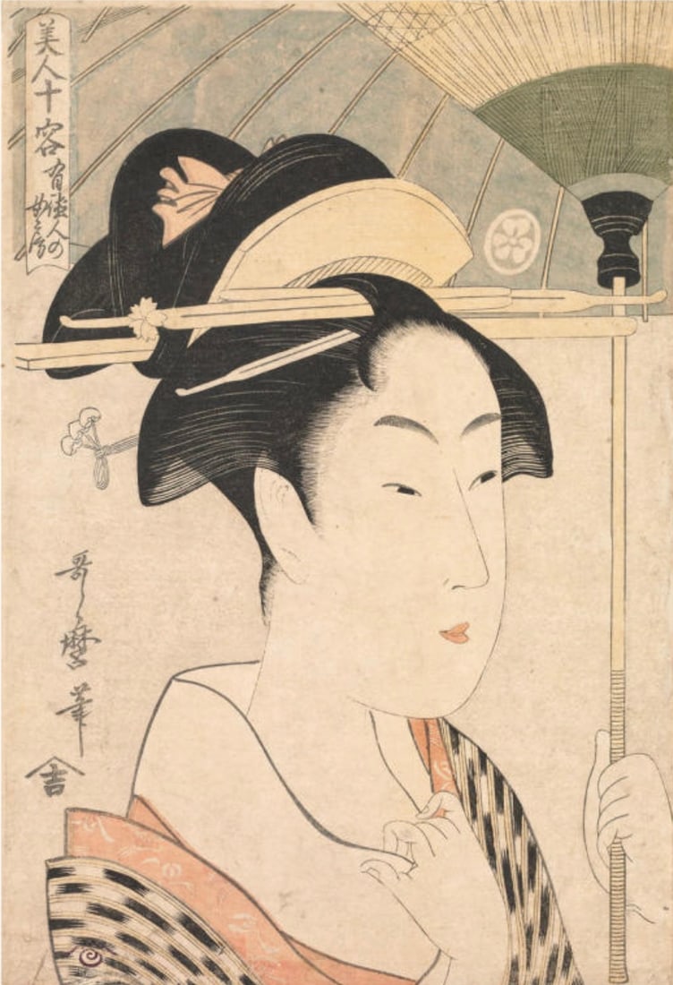 After Kitagawa Utamaro (Japanese, 1753-1806) Print: After Kitagawa Utamaro (Japanese, 1753-1806) Print. Wife of a Virtuous Man, "1797". Bonded to fabric. 18.50 x 28.00 inches. Not hand-signed unless otherwise stated. Photomechanical Print. Lots that co