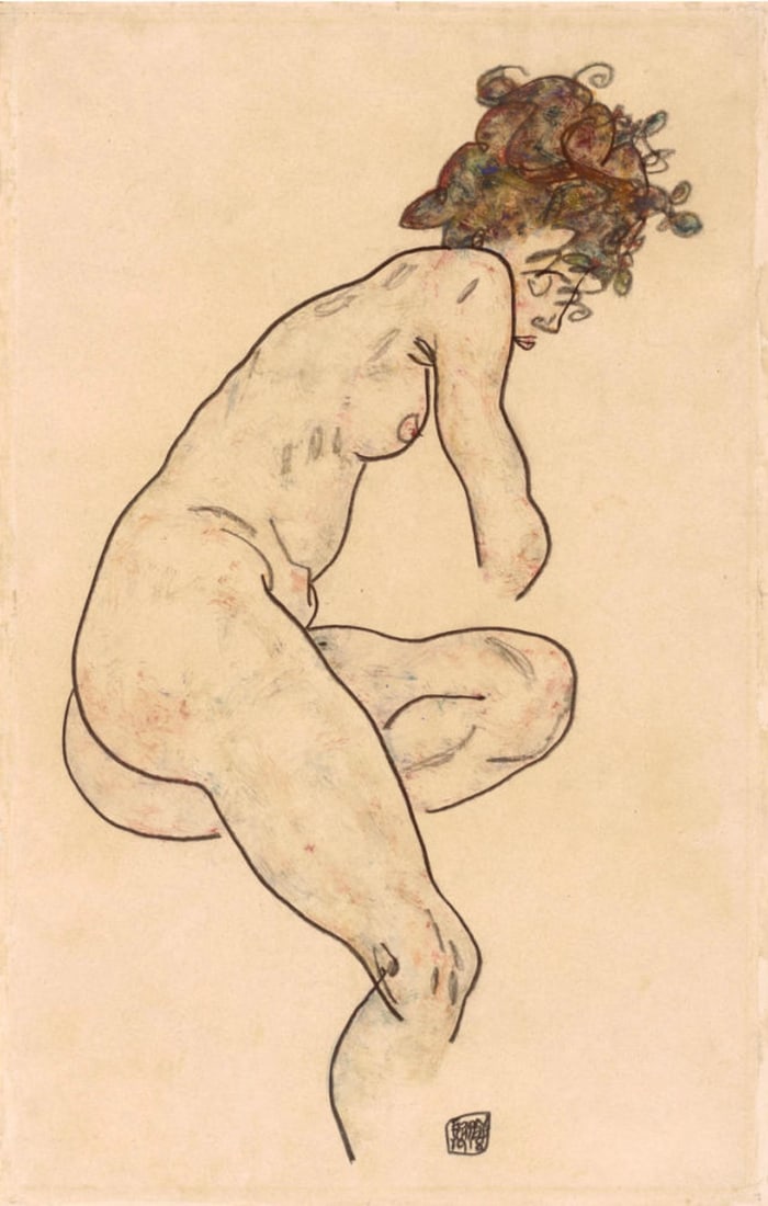 Egon Schiele (Austrian, 1890-1918) Print: Egon Schiele (Austrian, 1890-1918) Print. Seated Nude, Bent Knee, "1918". Bonded to fabric. 9.50 x 15.00 inches. Not hand-signed unless otherwise stated. Photomechanical Print. Lots that contain nudit