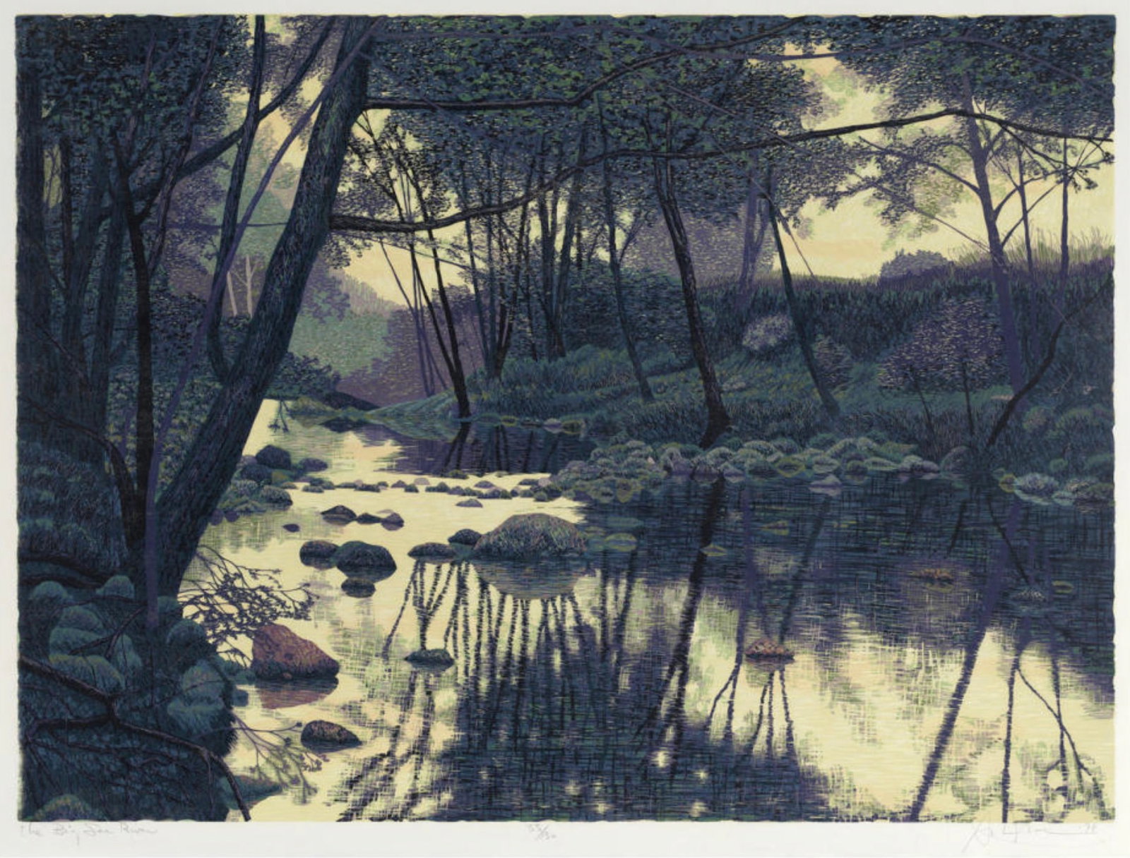 Gordon Mortensen (American, b. 1938) Print: Gordon Mortensen (American, b. 1938) Print. The Big Sur River, "1978". Bonded to fabric. Plate Marked. 38.50 x 28.50 inches. Not hand-signed unless otherwise stated. Photomechanical Print. Lots that