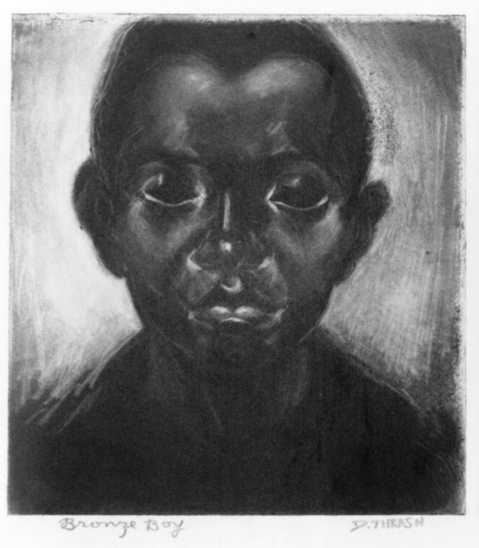 Dox Thrash (American, 1893-1965) Print: Dox Thrash (American, 1893-1965) Print. Bronze Boy, "1935". Bonded to fabric. Plate marked. 13.50 x 15.25 inches. Not hand-signed unless otherwise stated. Photomechanical Print. Lots that contain nudi
