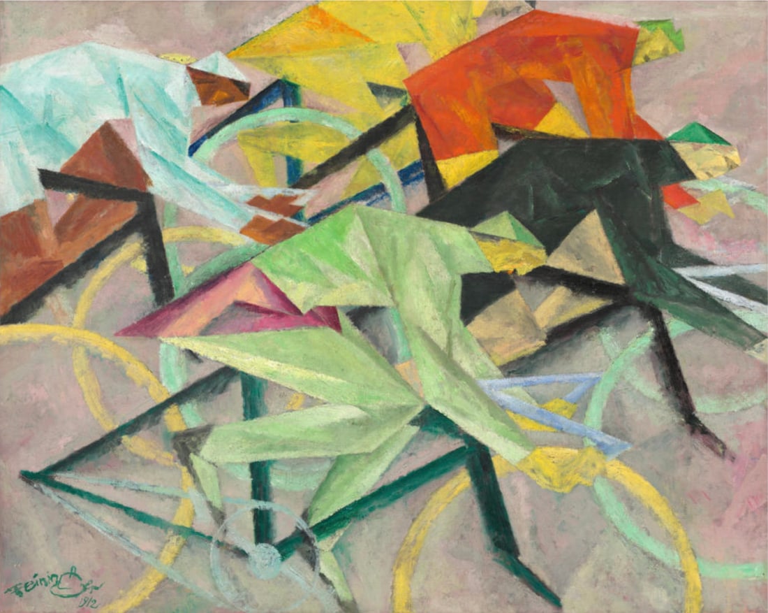 After Lyonel Feininger (German-American, 1871-1956) Print: After Lyonel Feininger (German-American, 1871-1956) Print. The Bicycle Race, "1912". 29.00 x 22.75 inches. Not hand-signed unless otherwise stated. Photomechanical Print. Lots that contain nudity