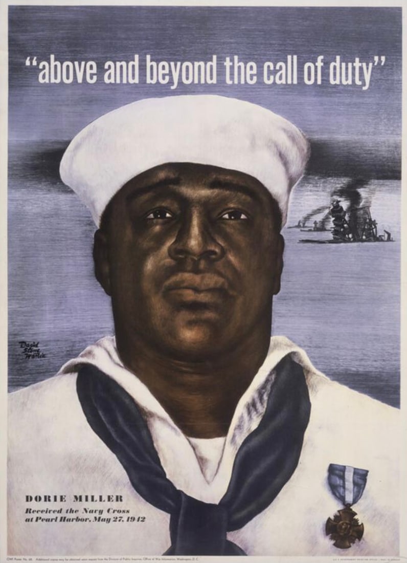David Stone Martin (American, 1913-1992) Poster: David Stone Martin (American, 1913-1992) Poster. "Above and Beyond the call of duty, 1943". Bonded to fabric. 26.50 x 35.50 inches. Not hand-signed unless otherwise stated. Photomechanical Print.