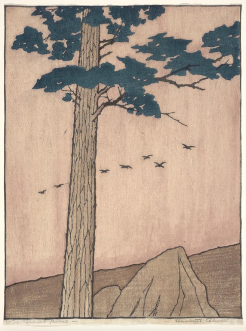 After Elizabeth Colwell (American, 1914-2010) Print: After Elizabeth Colwell (American, 1914-2010) Print. The Great Pine, "1908". 15.50 x 20.50 inches. Plate marked. Bonded to fabric. Not hand-signed unless otherwise stated. Photomechanical Print. Lots