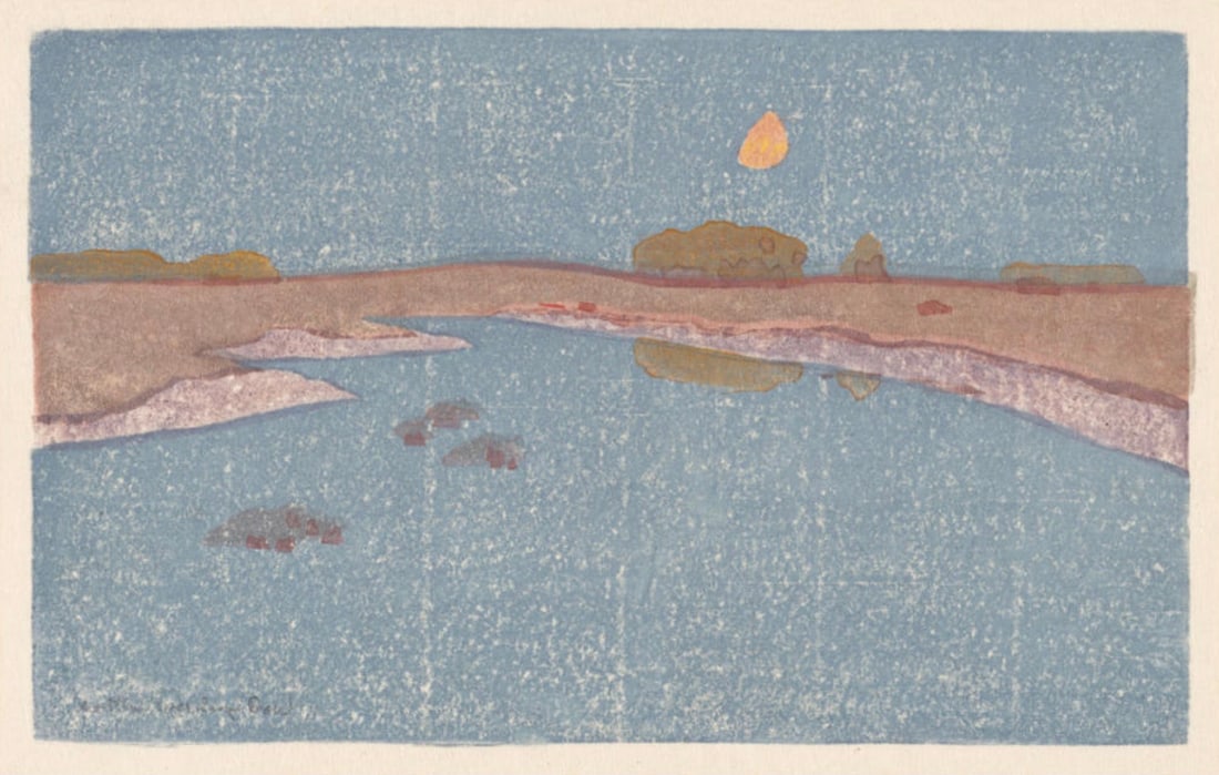 After Arthur Wesley Dow (American, 1857-1922) Print: After Arthur Wesley Dow (American, 1857-1922) Print. Marsh Creek, "1914". Bonded to fabric. 21.00 x 12.75 inches. Not hand-signed unless otherwise stated. Photomechanical Print. Lots that contain