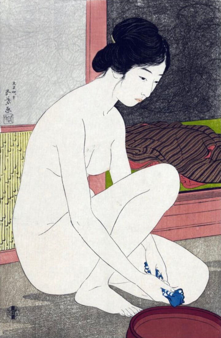 After Goyo Hashiguchi (Japanese, 1880-1921) Print: After Goyo Hashiguchi (Japanese, 1880-1921) Print. Yokugo no Onna, "1915". 16.50 x 25.50 inches. Bonded to fabric. Not hand-signed unless otherwise stated. Photomechanical Print. Lots that contain nud