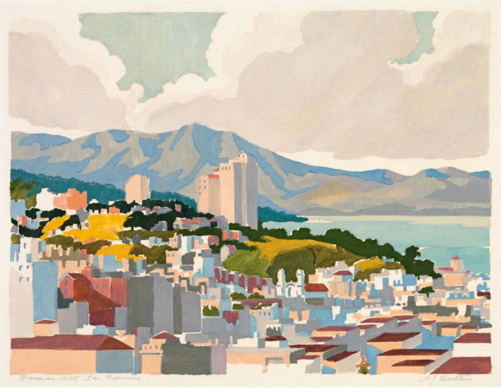 After Harold John Brothers (American, 1898-1962) Print: After Harold John Brothers (American, 1898-1962) Print. Russian Hill, San Francisco, "1945". Bonded to fabric. Plate marked. 29.00 x 21.00 inches. Not hand-signed unless otherwise stated. Photomechani
