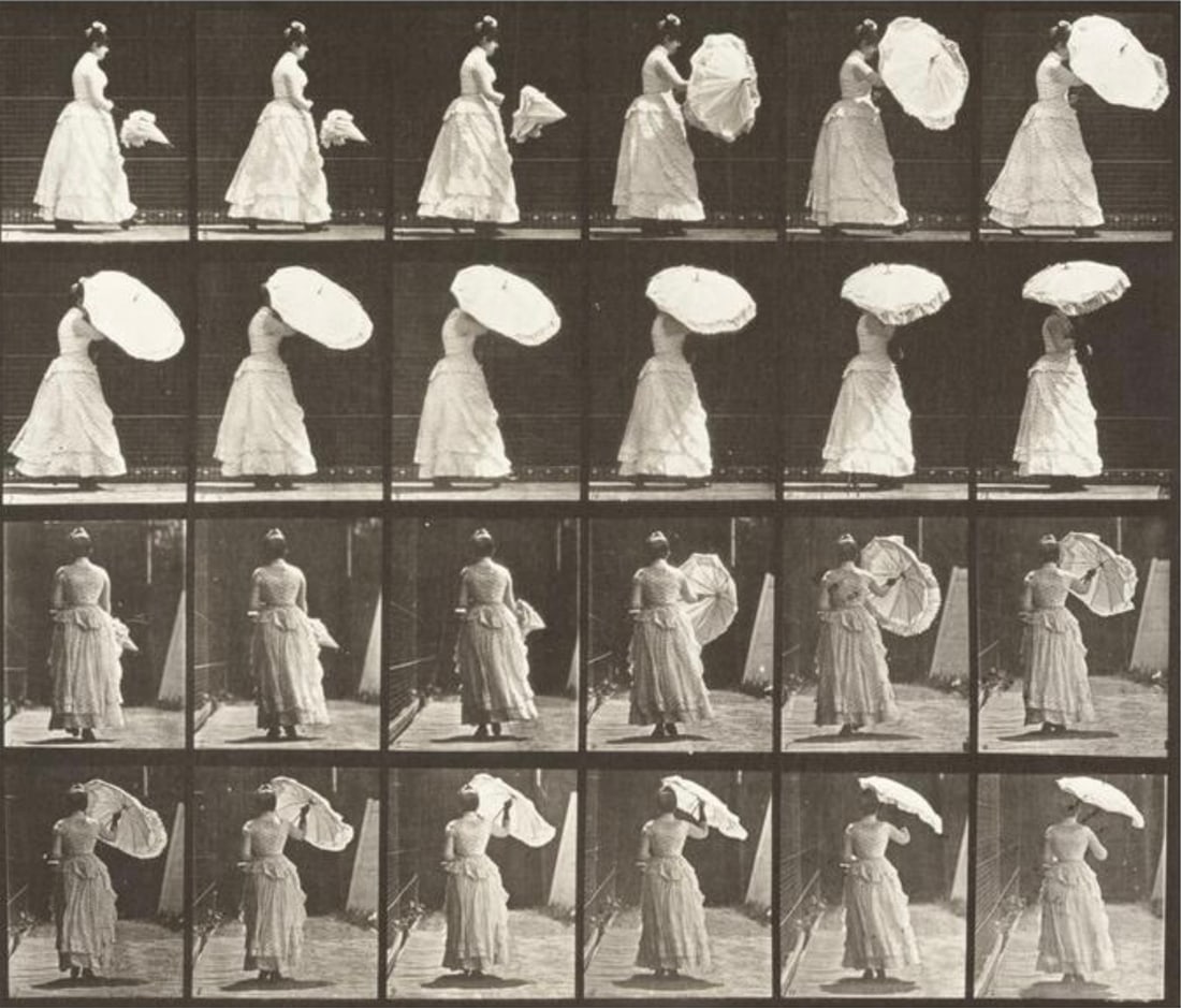 Eadweard Muybridge (English-American, 1830-1904) Print: Eadweard Muybridge (English-American, 1830-1904) Print. Woman Walking and Opening a Parasol, "1887". 34.50 x 29.50 inches. Not hand-signed unless otherwise stated. Photomechanical Print. Lots that con