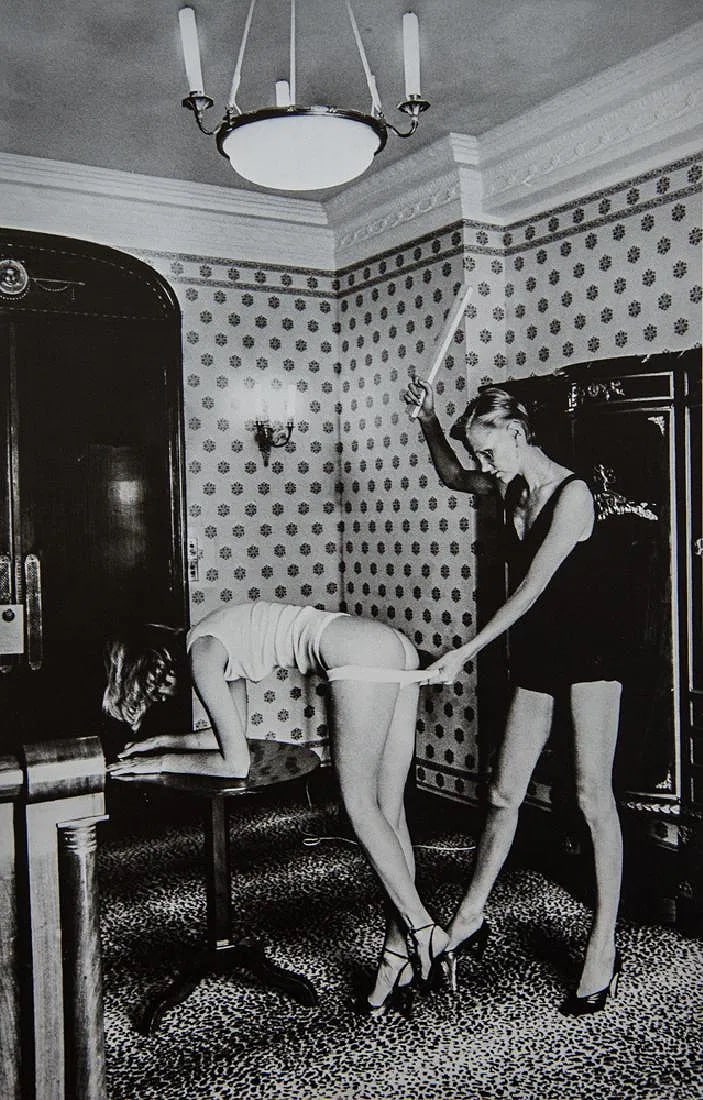 Helmut Newton (German-Australian, 1920-2004) Print: Helmut Newton (German-Australian, 1920-2004) Print. Spanking, Nice, France,"1976". Printed in 1979, USA. 9.00 x 14.00 inches. Not hand-signed unless otherwise stated. Photomechanical Print. Lots that 