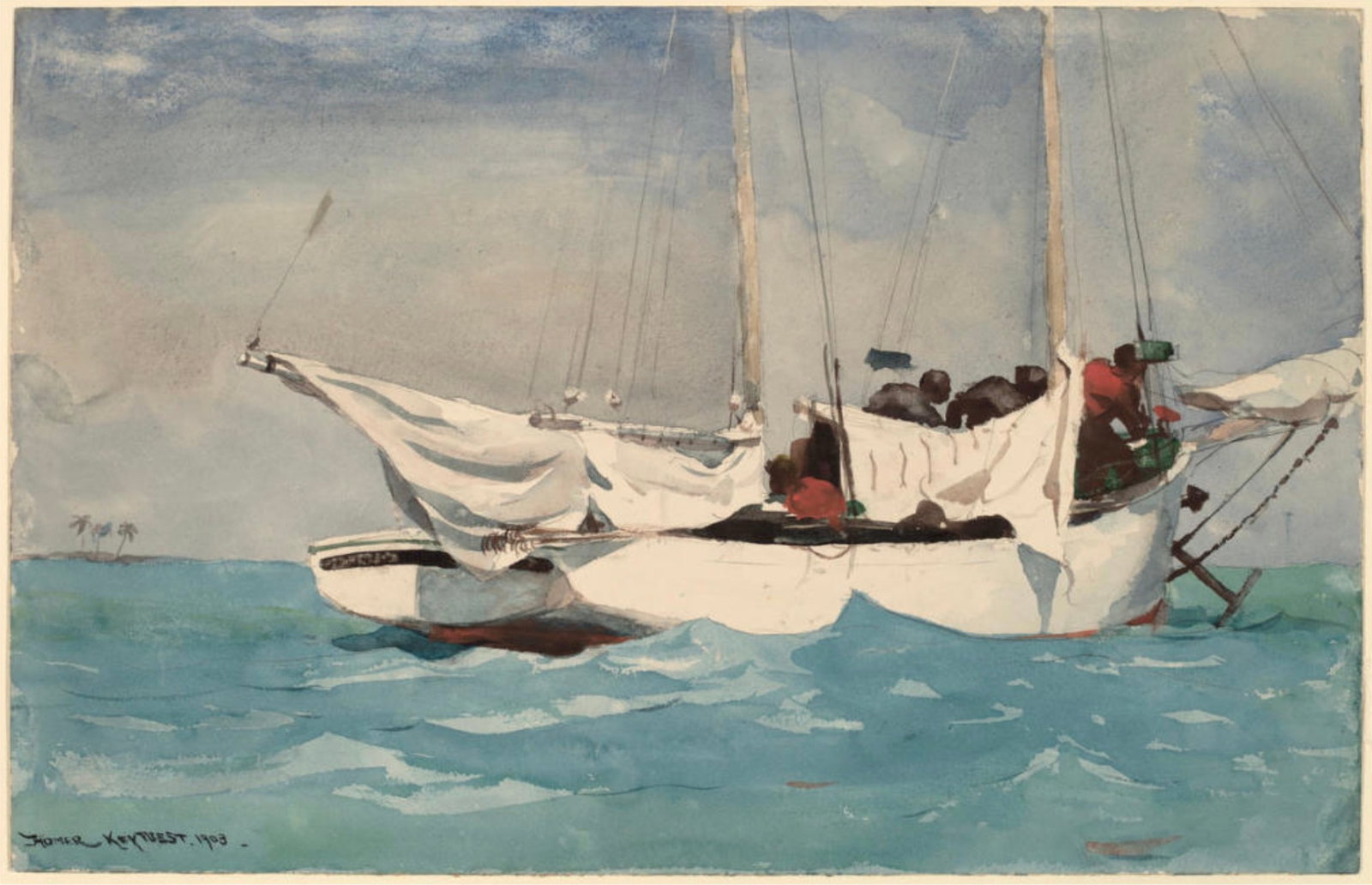 After Winslow Homer (American, 1836-1910) Print: After Winslow Homer (American, 1836-1910) Print. Key West, Hauling Anchor, "1903". 21.00 x 13.75 inches. Bonded to fabric. Not hand-signed unless otherwise stated. Photomechanical Print. Lots that con