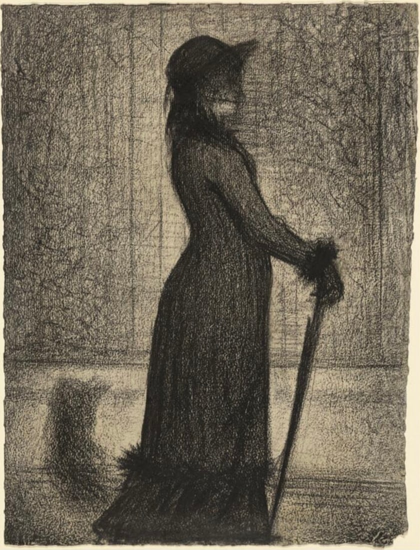 Georges Seurat (French, 1859-1891) Print: Georges Seurat (French, 1859-1891) Print. Woman Strolling, "1884". 9.50 x 12.25 inches. Not hand-signed unless otherwise stated. Photomechanical Print. Lots that contain nudity have been partially obs