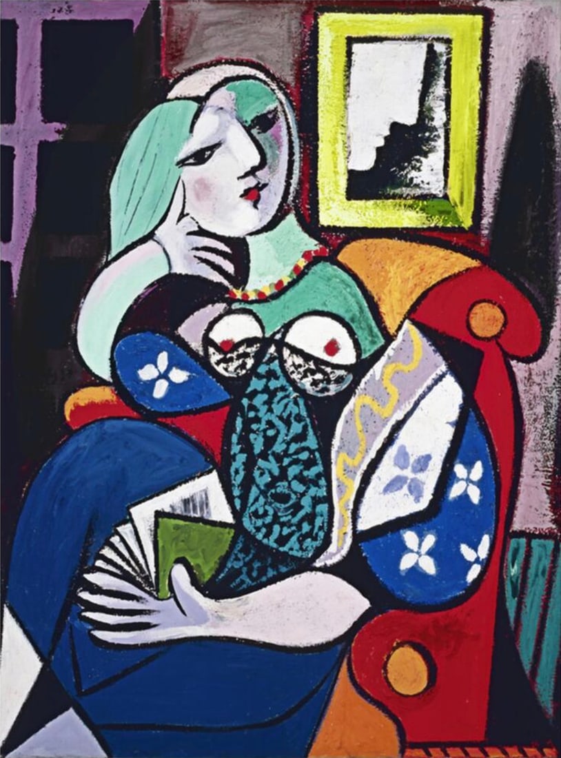 After Pablo Picasso (Spanish, 1881-1973) Print: After Pablo Picasso (Spanish, 1881-1973) Print. Woman with a Book, "1932". 37.50 x 50.25 inches. Not hand-signed unless otherwise stated. Photomechanical Print. Lots that contain nudity have been