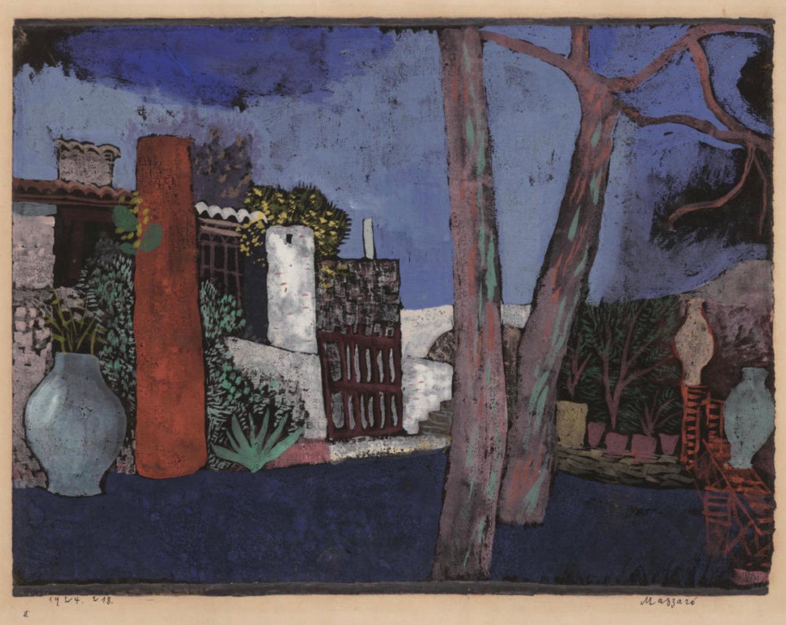 After Paul Klee (Swiss-German, 1879-1940) Print: After Paul Klee (Swiss-German, 1879-1940) Print. Mazzaro, "1924". Plate Marked. Bonded to fabric. 20.75 x 16.00 inches. Not hand-signed unless otherwise stated. Photomechanical Print. Lots that