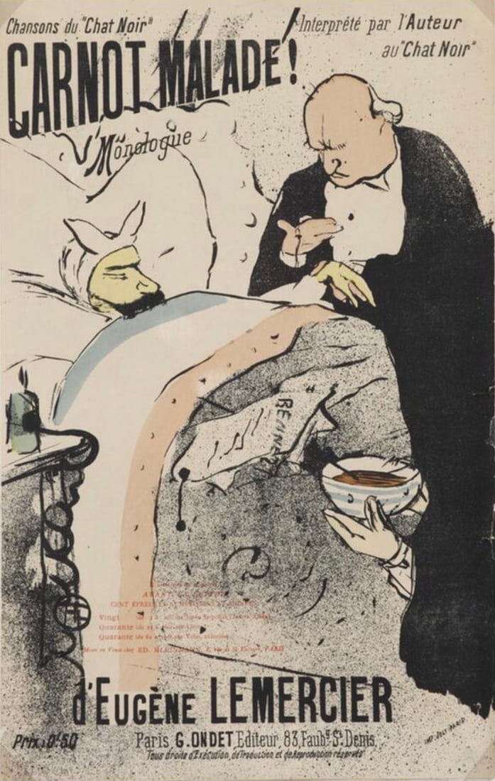 After Henri de Toulouse-Lautrec (French, 1864-1901) Print: After Henri de Toulouse-Lautrec (French, 1864-1901) Print. Carnot Malade!, "1893". 16.00 x 25.00 inches. Bonded to fabric. Not hand-signed unless otherwise stated. Photomechanical Print. Lots that