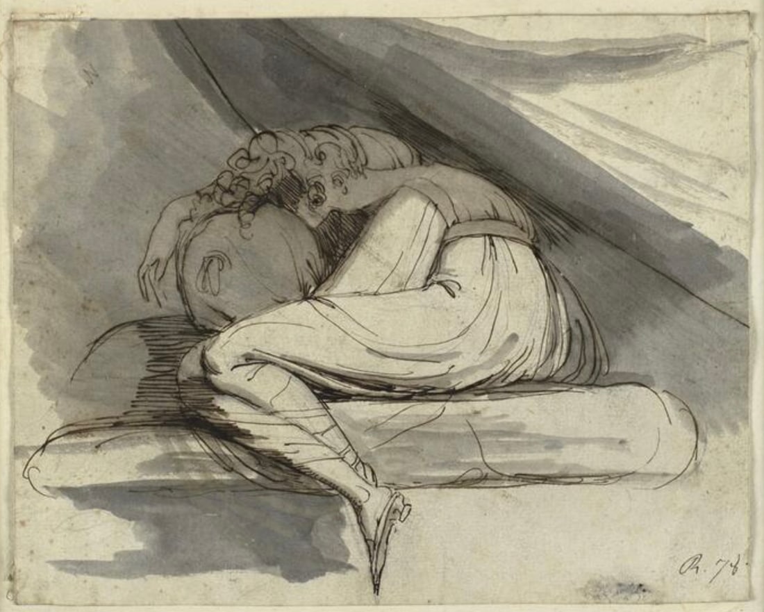 Johann Heinrich Fussli (Swiss, 1741-1825) Print: Johann Heinrich Fussli (Swiss, 1741-1825) Print. Woman Sitting, Curled Up, "1778". Bonded to fabric. Marked in the plate. Not hand-signed unless otherwise stated. Photomechanical Print. Lots that