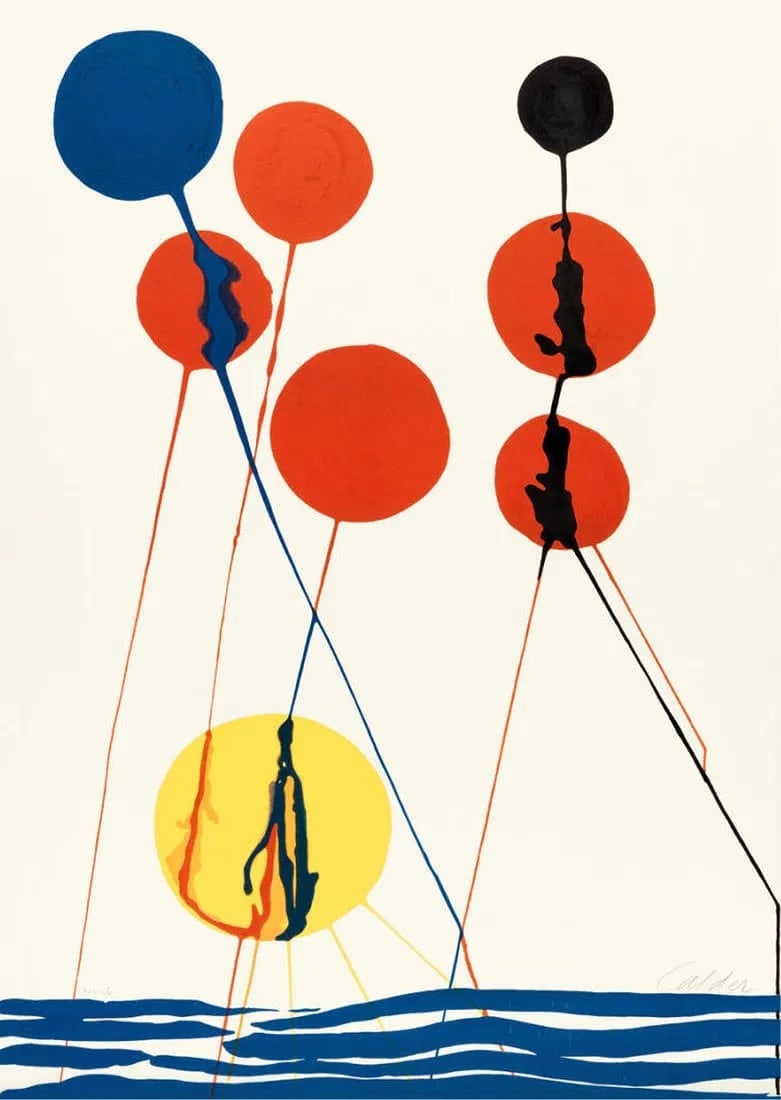 After Alexander Calder (American, 1898-1976) Print: After Alexander Calder (American, 1898-1976). Balloons, "1973" Print. Marked (not hand marked) and numbered on bottom left and right. Bonded to fabric. 27.75 x 39.75 inches. Not hand-signed unless
