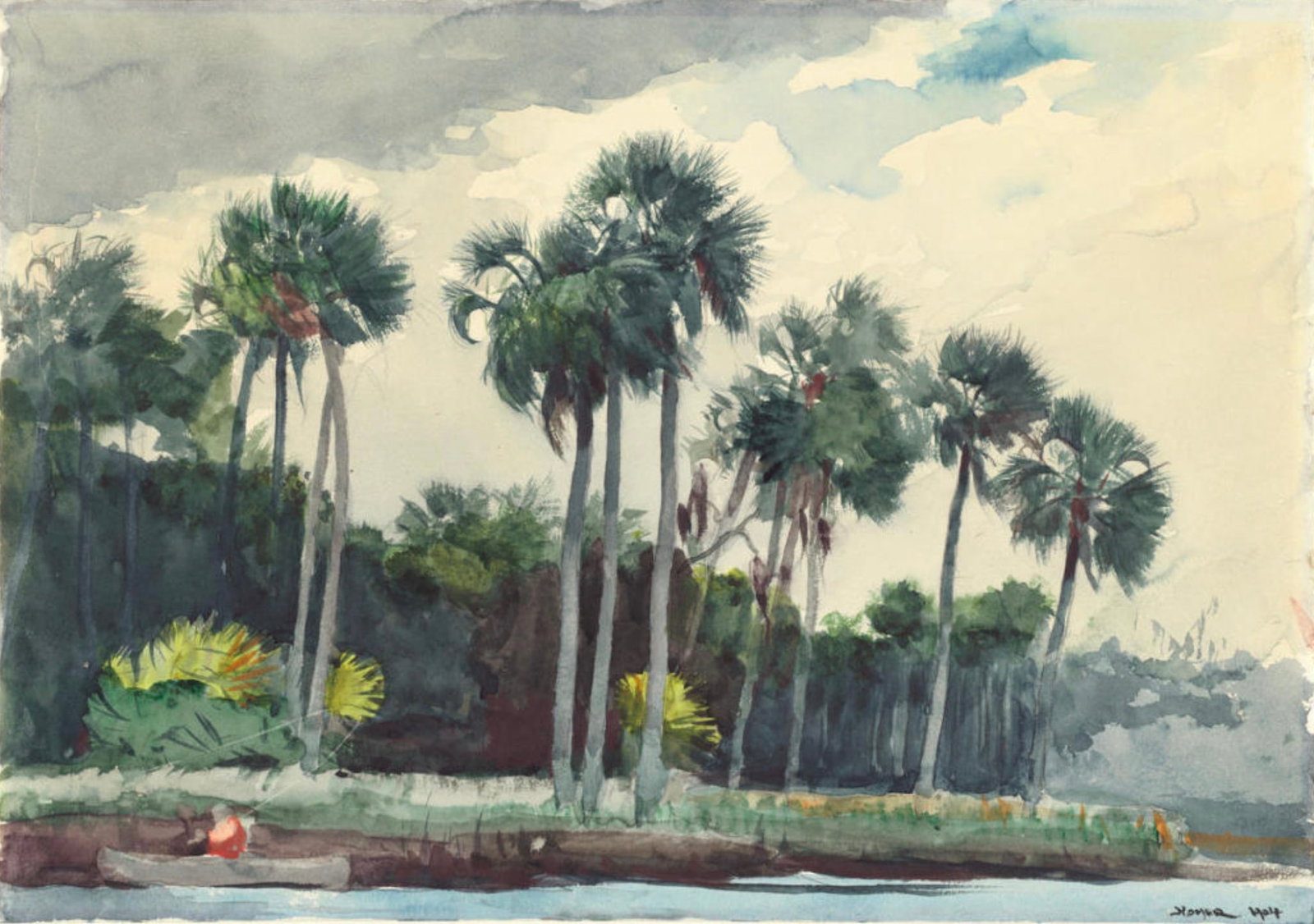 After Winslow Homer (American, 1836-1910) Print: After Winslow Homer (American, 1836-1910) Print. Red Shirt, Homosassa, Florida, "1904". 21.25 x 14.75 inches. Bonded to fabric. Not hand-signed unless otherwise stated. Photomechanical Print. Lots