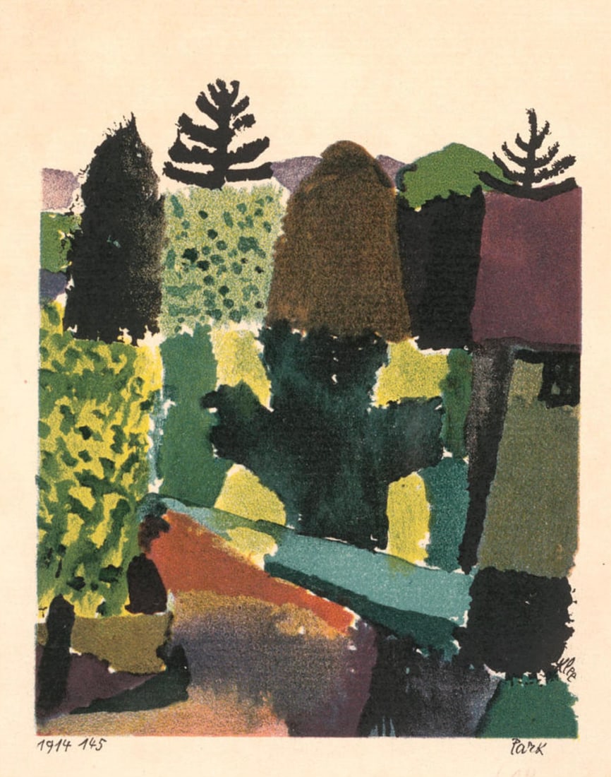 After Paul Klee (Swiss-German, 1879-1940) Print: After Paul Klee (Swiss-German, 1879-1940) Print. Park, "1914". Plate Marked. Bonded to fabric. 16.00 x 21.00 inches. Not hand-signed unless otherwise stated. Photomechanical Print. Lots that contain