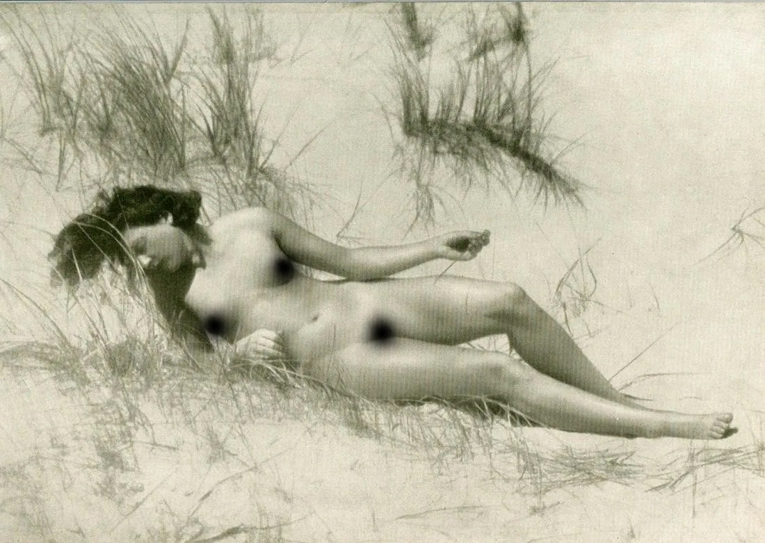 Bruno Schultz (German, 1892-1942) Print: Bruno Schultz (German, 1892-1942) Print. Nude, on Sand. Printed in Germany, 1940. 10.50 x 7.50 inches. Not hand-signed unless otherwise stated. Photomechanical Print. Lots that contain nudity have