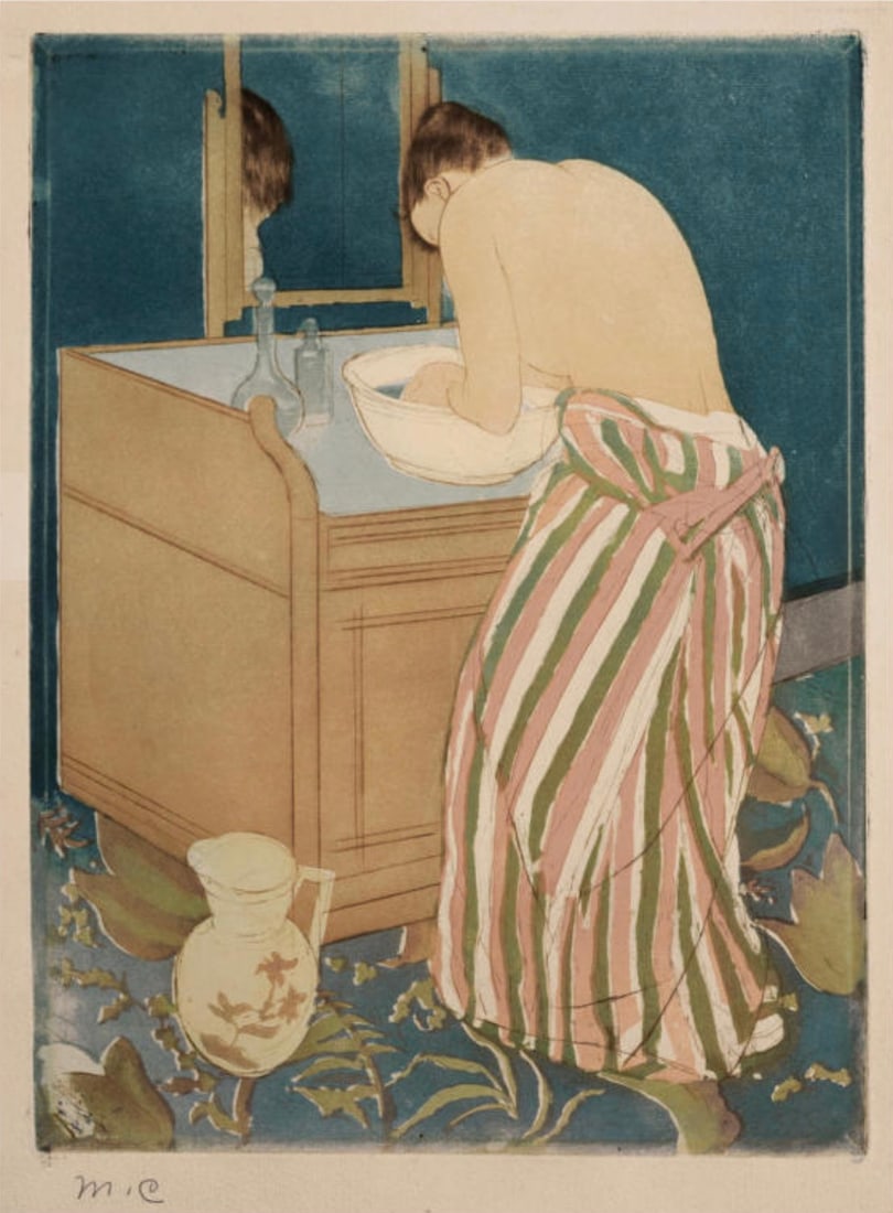 After Mary Cassatt (American, 1844-1926) Print: After Mary Cassatt (American, 1844-1926) Print. Woman Bathing, "1890". Plate marked. Bonded to fabric. 14.50 x 20.00 inches. Not hand-signed unless otherwise stated. Photomechanical Print. Lots that