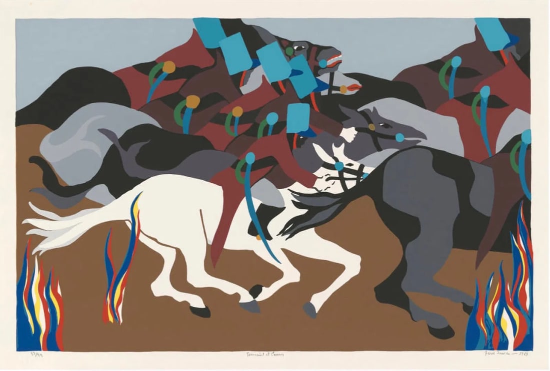 After Jacob Lawrence (American, 1917-2000) Print: After Jacob Lawrence (American, 1917-2000). Toussaint at Ennery, "1989" Print. 29.80 x 20.00 inches. All markings are in the print.Not hand-signed unless otherwise stated. Photomechanical Print. Lots