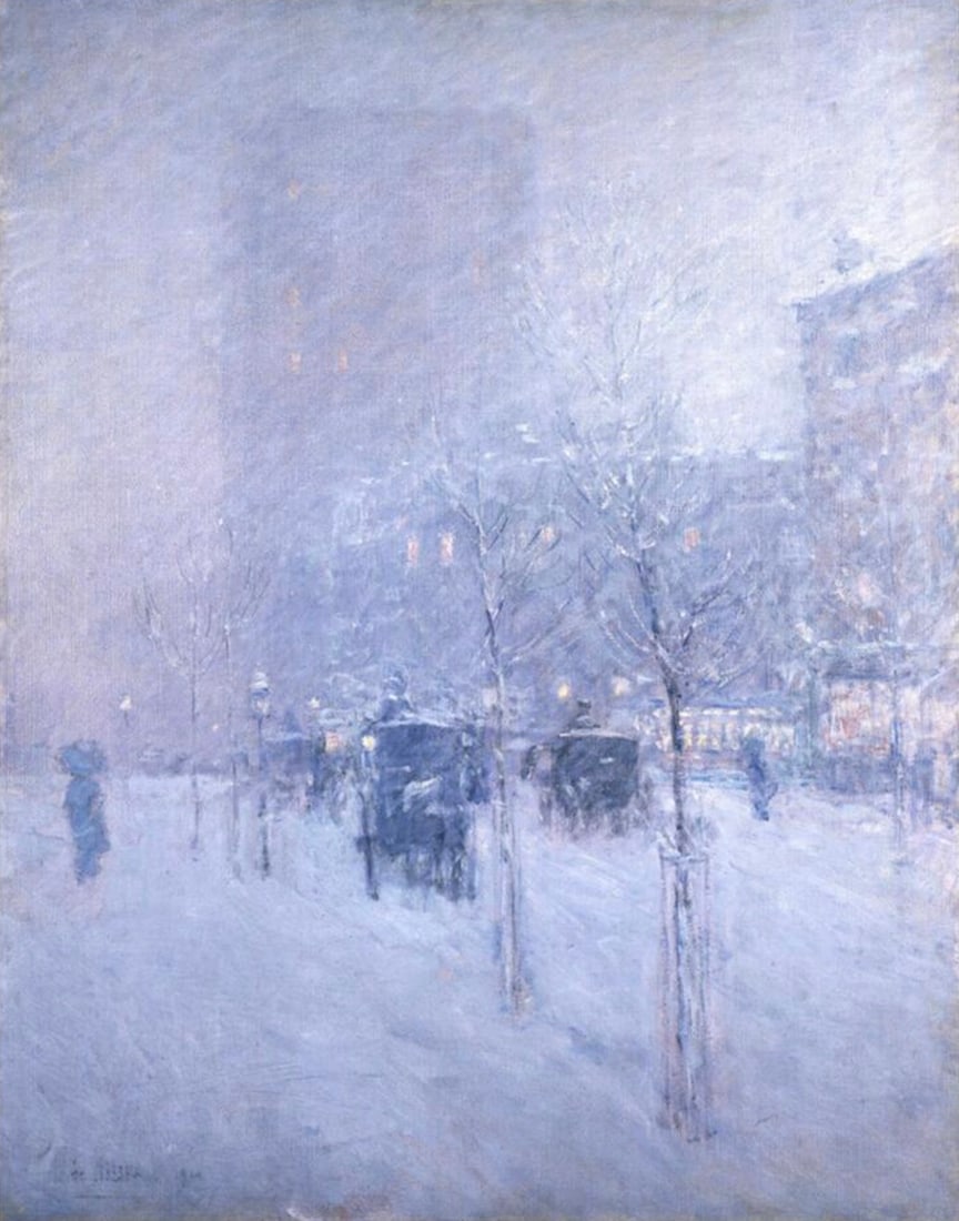 Childe Hassam (American, 1859-1935) Print: Childe Hassam (American, 1859-1935) Print. Late Afternoon, New York, Winter, "1900". 28.00 x 36.50 inches. Not hand-signed unless otherwise stated. Photomechanical Print. Lots that contain nudity