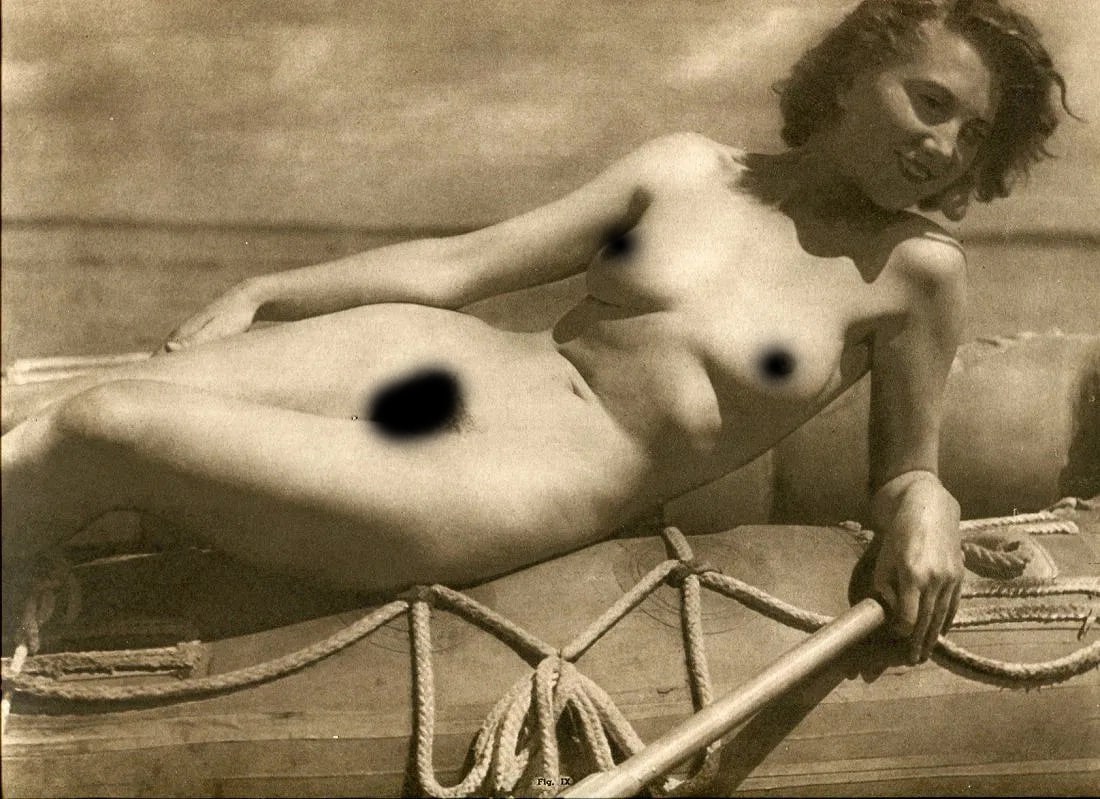 Horts Greschik Print: Horts Greschik Print. Female Nude, Raft. Printed in 1952, France. 12.00 x 9.00 inches. Edition of 2000. Not hand-signed unless otherwise stated. Photomechanical Print. Lots that contain nudity have