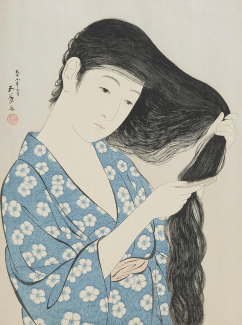 After Hashiguchi Goyo (Japanese, 1880-1921) Print: After Hashiguchi Goyo (Japanese, 1880-1921) Print. Kami Sukeru Onna, "1920". 13.00 x 17.50 inches. Bonded to fabric. Not hand-signed unless otherwise stated. Photomechanical Print. Lots that contain