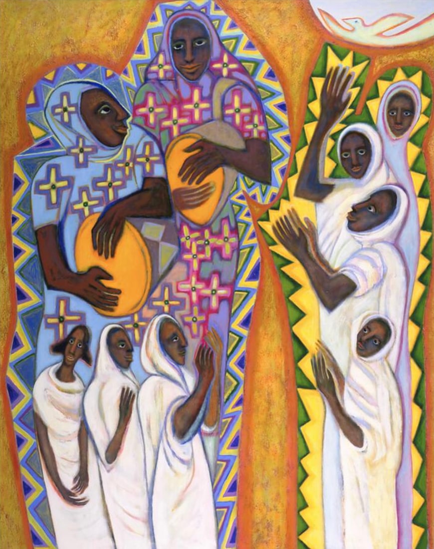 Betty LaDuke (American, b. 1933) Print: Betty LaDuke (American, b. 1933) Print. Woman Celebrate, "1997". 19.25 x 24.00 inches. Not hand-signed unless otherwise stated. Photomechanical Print. Lots that contain nudity have been partially