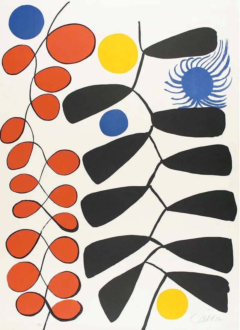 After Alexander Calder (American, 1898-1976) Print: After Alexander Calder (American, 1898-1976). Spiral Imaginatif, "1975" Print. 21.50 x 29.50 inches. Bonded to fabric. Marked in the plate. Not hand-signed unless otherwise stated. Photomechanical