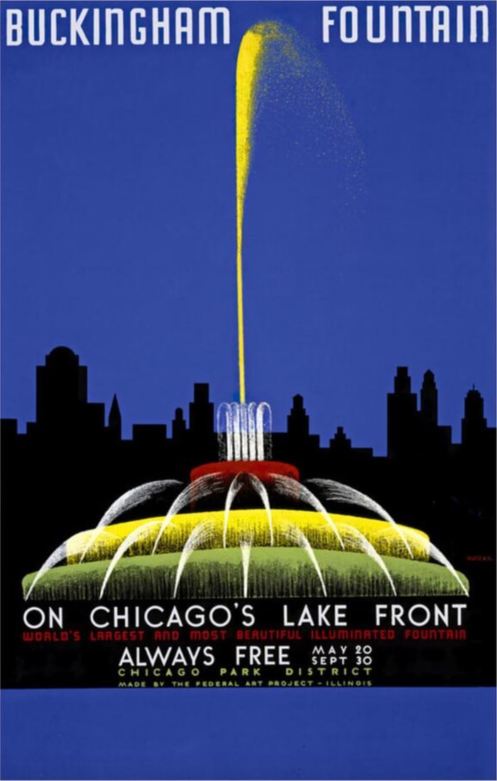 John Buczak (American, 1928-1985) Print: John Buczak (American, 1928-1985) Print. Buckingham Fountain, "1939". Bonded to fabric. 23.75 x 37.00 inches. Not hand-signed unless otherwise stated. Photomechanical Print. Lots that contain nudity