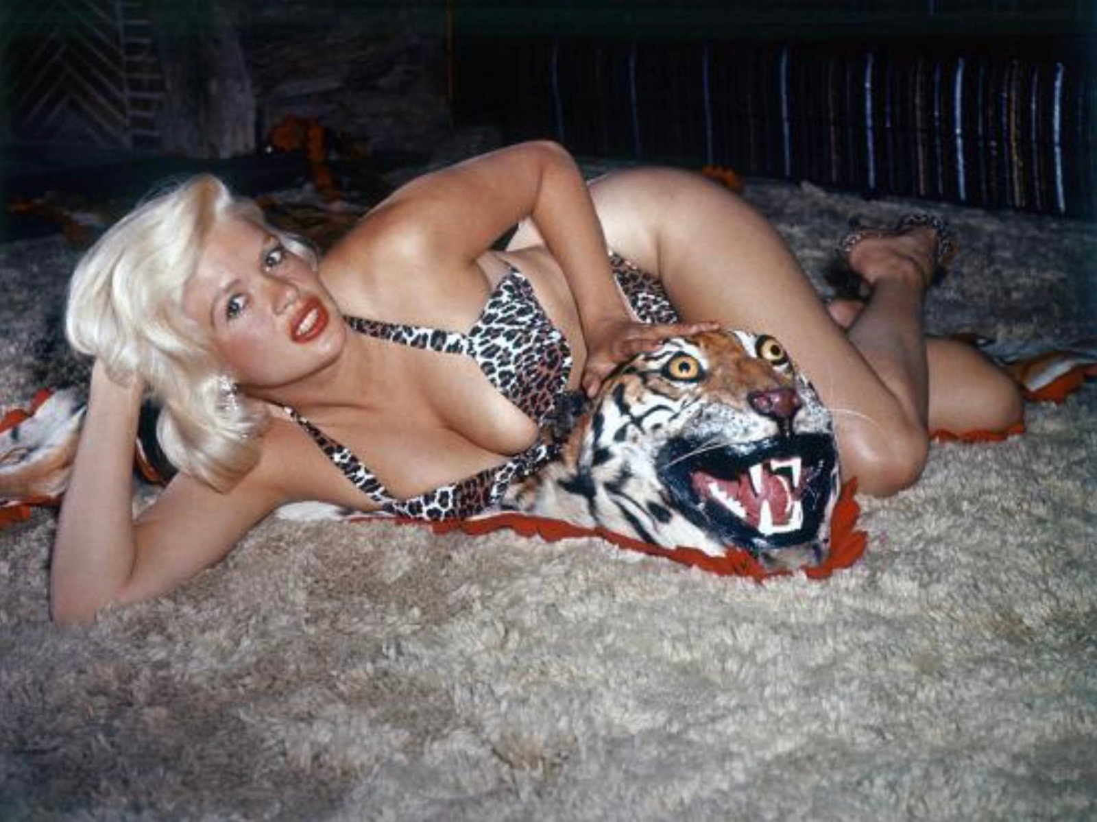 Jayne Mansfield (American, 1933-1967) Print: Jayne Mansfield (American, 1933-1967) Print. Leopard Skin, Bikini. 54.00 x 39.00 inches. Not hand-signed unless otherwise stated. Photomechanical Print. Lots that contain nudity have been partially ob