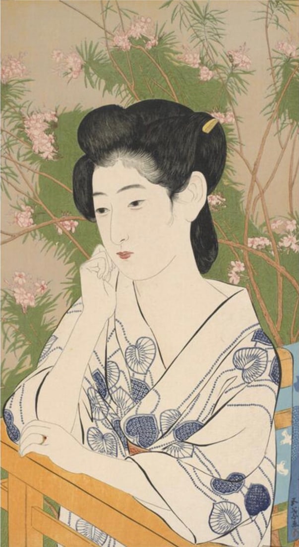 After Hashiguchi Goyo (Japanese, 1880-1921) Print: After Hashiguchi Goyo (Japanese, 1880-1921) Print. Woman at a Hot Spring Hotel, "1920". 9.50 x 17.50 inches. Bonded to fabric. Not hand-signed unless otherwise stated. Photomechanical Print. Lots that