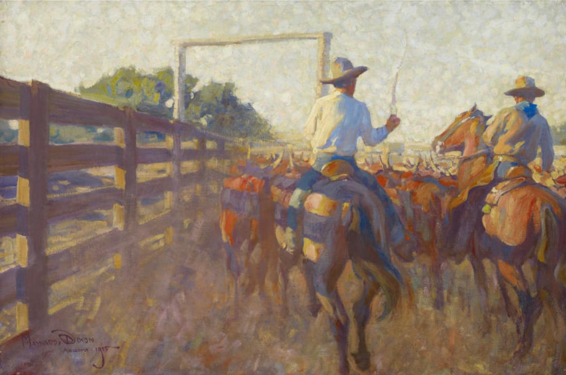 After Maynard Dixon (American, 1875-1946) Print: After Maynard Dixon (American, 1875-1946) Print. Corral Dust, "1915". 20.00 x 13.50 inches. Not hand-signed unless otherwise stated. Photomechanical Print. Lots that contain nudity have been partially