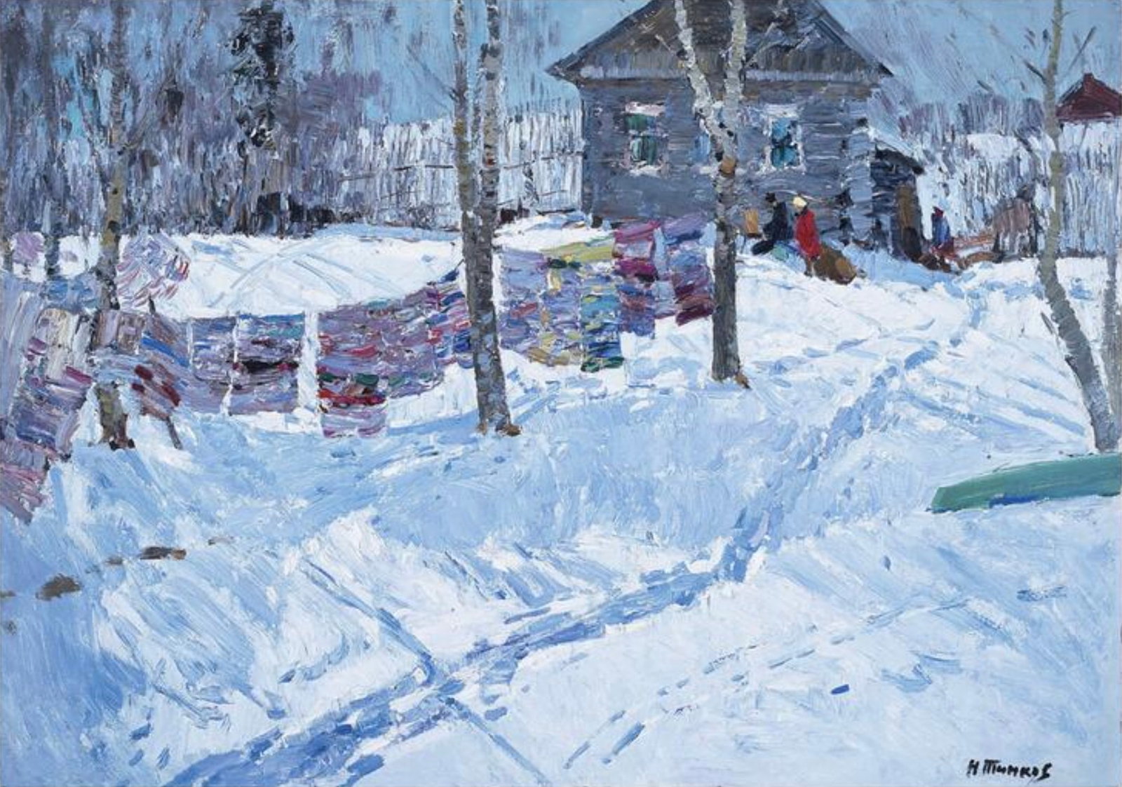 After Nikolai Efimovich Timkov (Russian, 1912-1993) Print: After Nikolai Efimovich Timkov (Russian, 1912-1993) Print. Winter Laundry Line, "1965". 36.50 x 26.00 inches. Not hand-signed unless otherwise stated. Photomechanical Print. Lots that contain nudity h