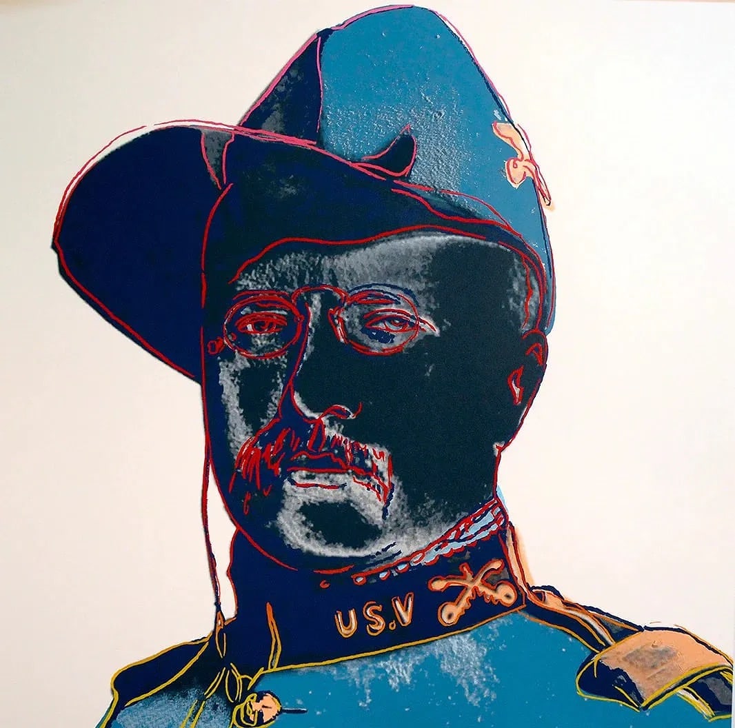 After Andy Warhol (American, 1928-1987) Teddy Roosevelt Silkscreen: After Andy Warhol (American, 1928-1987) Teddy Roosevelt, "1986" Silkscreen. FSII 386. 38.00 x 38.00 inches. Lenox Museum Board (paper). Embossed and printers markings. Not hand-signed unless