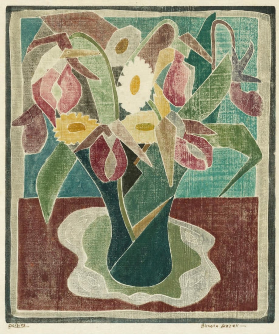 After Blanche Lazzell (American, 1878-1956) Print: After Blanche Lazzell (American, 1878-1956) Print. Daisies, "1932". 17.50 x 20.00 inches. Bonded to fabric. Plate marked. Not hand-signed unless otherwise stated. Photomechanical Print. Lots that