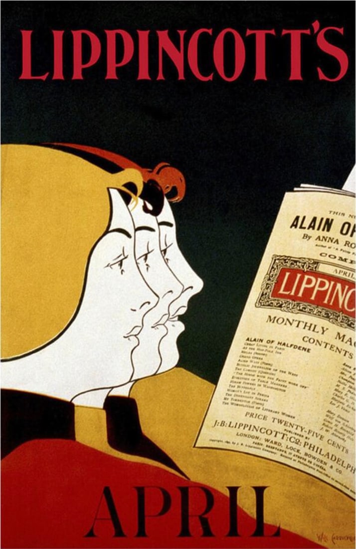 Lippincott's April Poster: Lippincott's April, "1895" Poster. Bonded to fabric. 24.00 x 37.25 inches. Not hand-signed unless otherwise stated. Photomechanical Print. Lots that contain nudity have been partially obscured in the 