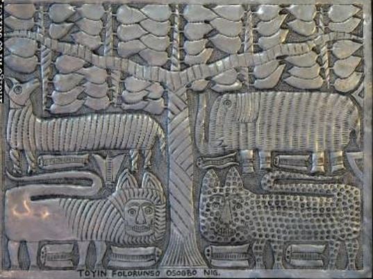 Animal Kingdom I: Toyin Folorunso (Nigerian, 20th/21st century) 1976-2023Medium:Hammered aluminum relief,Size: 12" h. x 16 1/8" w).Year:2018.>>>>.>>>Toyin Folorunso was born in Nigeria to a family of artists. He is kno