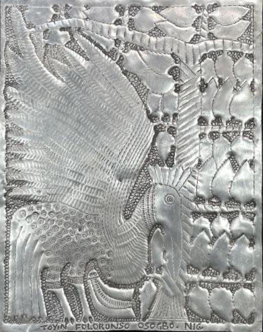Bird Kingdome II: Toyin Folorunso (Nigerian, 20th/21st century) 1976-2023, Medium:Hammered aluminum relief, Size: 12" h. x 16 1/8" w), Year:2018