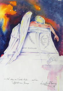 9/11 September 11th Tribute Watercolor "The Day Our Hearts Broke": A beautiful 9 11 tribute framed watercolor by Madeleine Burke-Fanning, American artist. At one point in her career she was Coordinator of New Orleans World Trade Center, Pensacola Cultural Center, a d