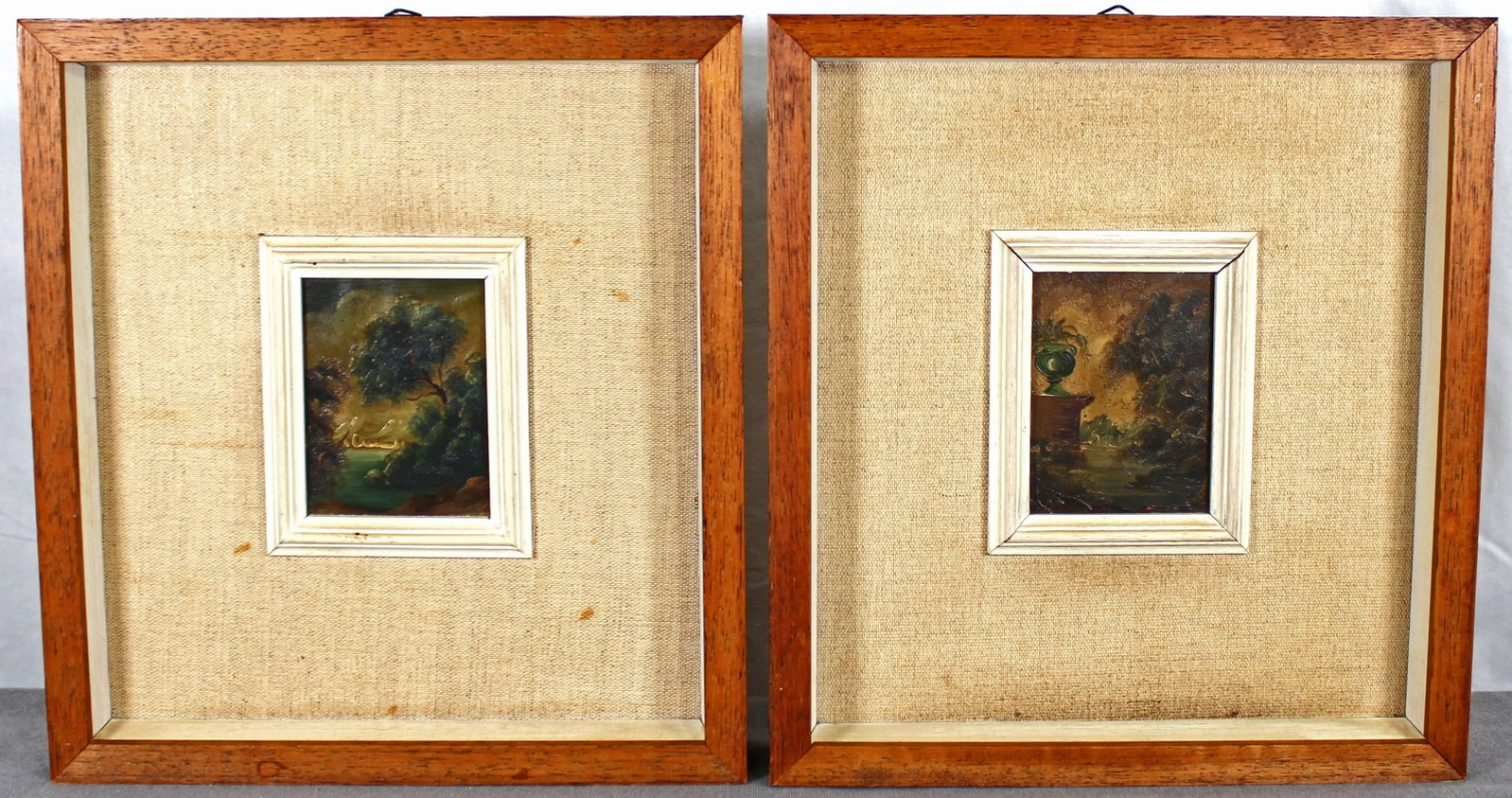 Pair of Vintage Miniature Italian Genre Paintings: This pair of miniatures invokes a neoclassical feeling, popularized during the 18th and 19th century with The Grand Tour. This duo features classical ruins and long sweeping views down to the harbor; 