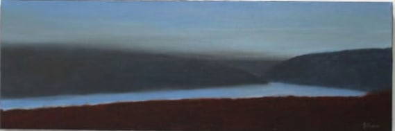 Hudson by J Shears signed landscape: A beautiful capture of the Hudson River, signed J Shears. This painting wraps around the stretcher, extending the flow of the river past its canvas boundary. Circa 2006 and measures 36x12. Shear, a we