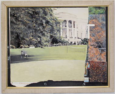 White House Collage by Jeffrey Kronsnoble Mixed Media: This 1996 oil on silk, mixed media is titled White House Collage by Jeffrey Kronsnoble. En Verso states Jeffrey Kronsnoble "White House Collage" 1996 oil on silk S.D. 16x20. The artist is a Milwaukee-