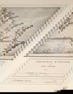 Pair of Don Swann Etchings in Gallery covers: Pair of original copper plate etchings by artist Don Swann with original gallery tags. Each are pencil signed, "Eventide" is 245 of 300 limited editions and "Blackheads at Evening" is 81 of 300 limite