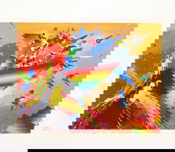 Georges Dussau Surrealist Artist Original Acrylic and Gouache on Handmade Paper: Georges Dussau's original, untitled geometric acrylic and gouache on handmade paper in a gallery frame. Circa 1979, signed and dated on lower left corner. Both of the Dussau Gouaches were purchased to