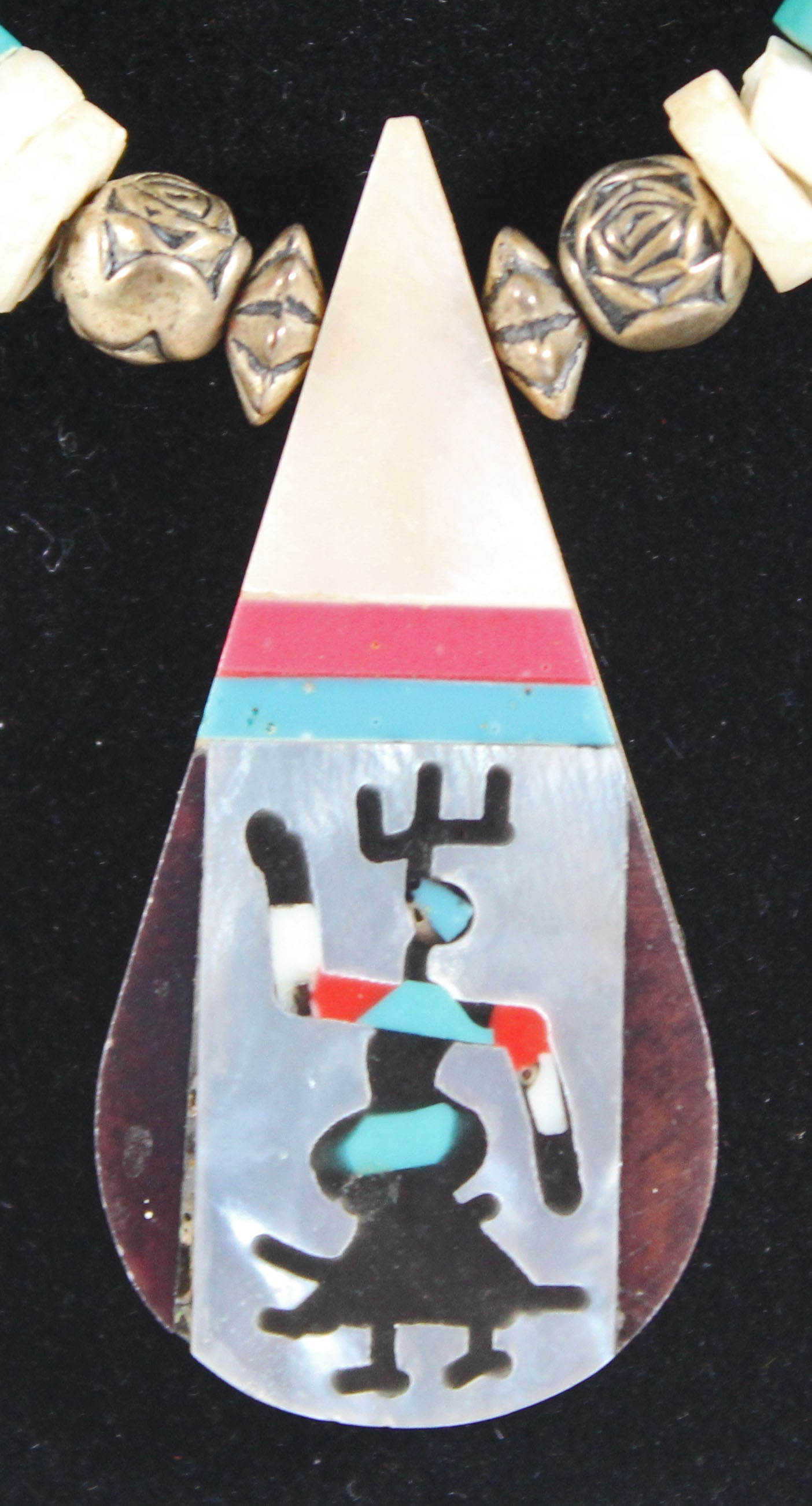 Zuni Inlaid Pendant Beaded Necklace Turquoise Sterling Silver Shell Coral Indian (1 of 9)