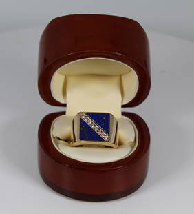 18k Lapis Lazuli & Diamonds Men's Solid Gold Ring: Size 11 Gentlemen's signet ring, custom made with fine Lapis Lazuli with diagonal diamonds. Solid 18K gold, 19.5 DWT. The ring is .375 inches at its widest point. In the realm of lapidary, Lapis Lazul