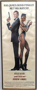 A View To Kill James Bond 007 Original Half Sheet 1985: This rolled insert half sheet poster is an original advertisement poster from the 1985 release of A View to Kill. The distinctive Daniel Goozee illustration of Roger Moore and Grace Jones lends itself